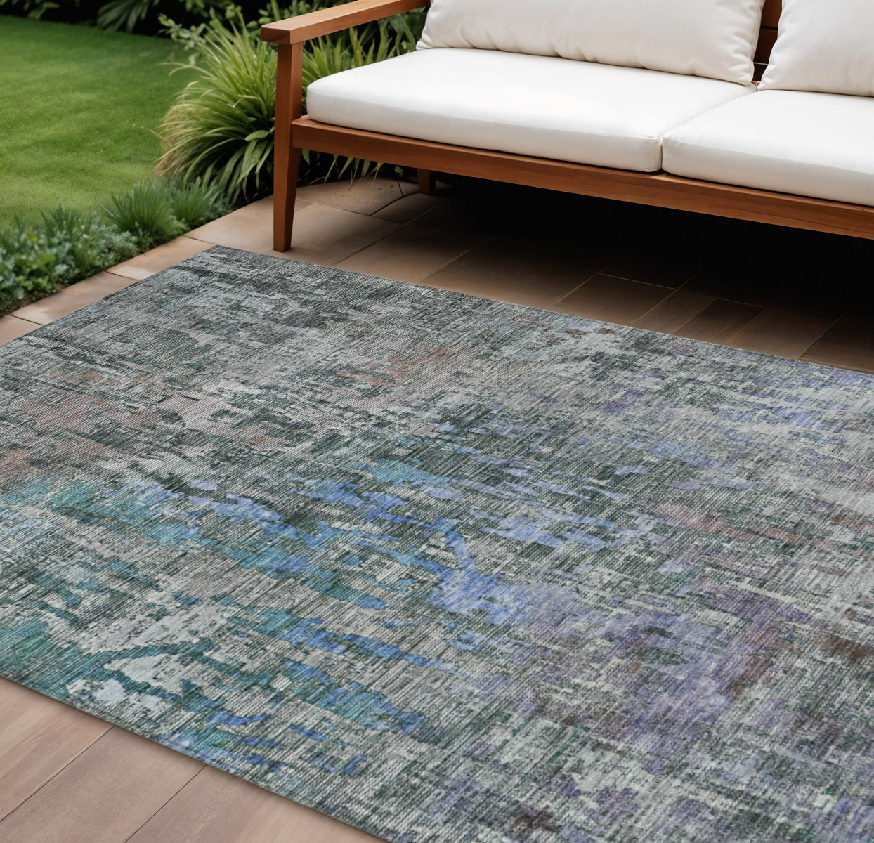 10 X 14 Fern Green Abstract Washable Indoor Outdoor Area Rug