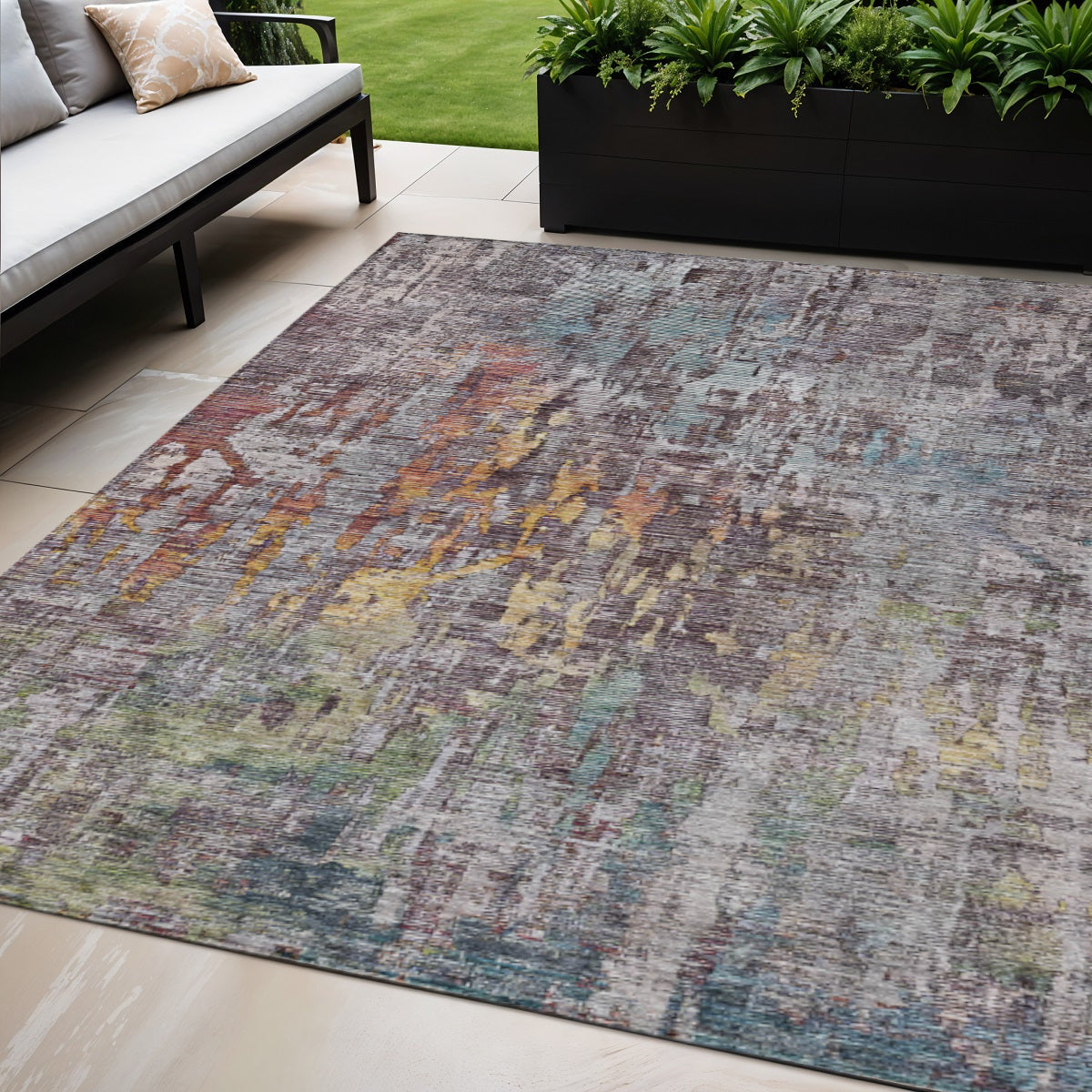 5 X 8 Pewter Abstract Washable Indoor Outdoor Area Rug