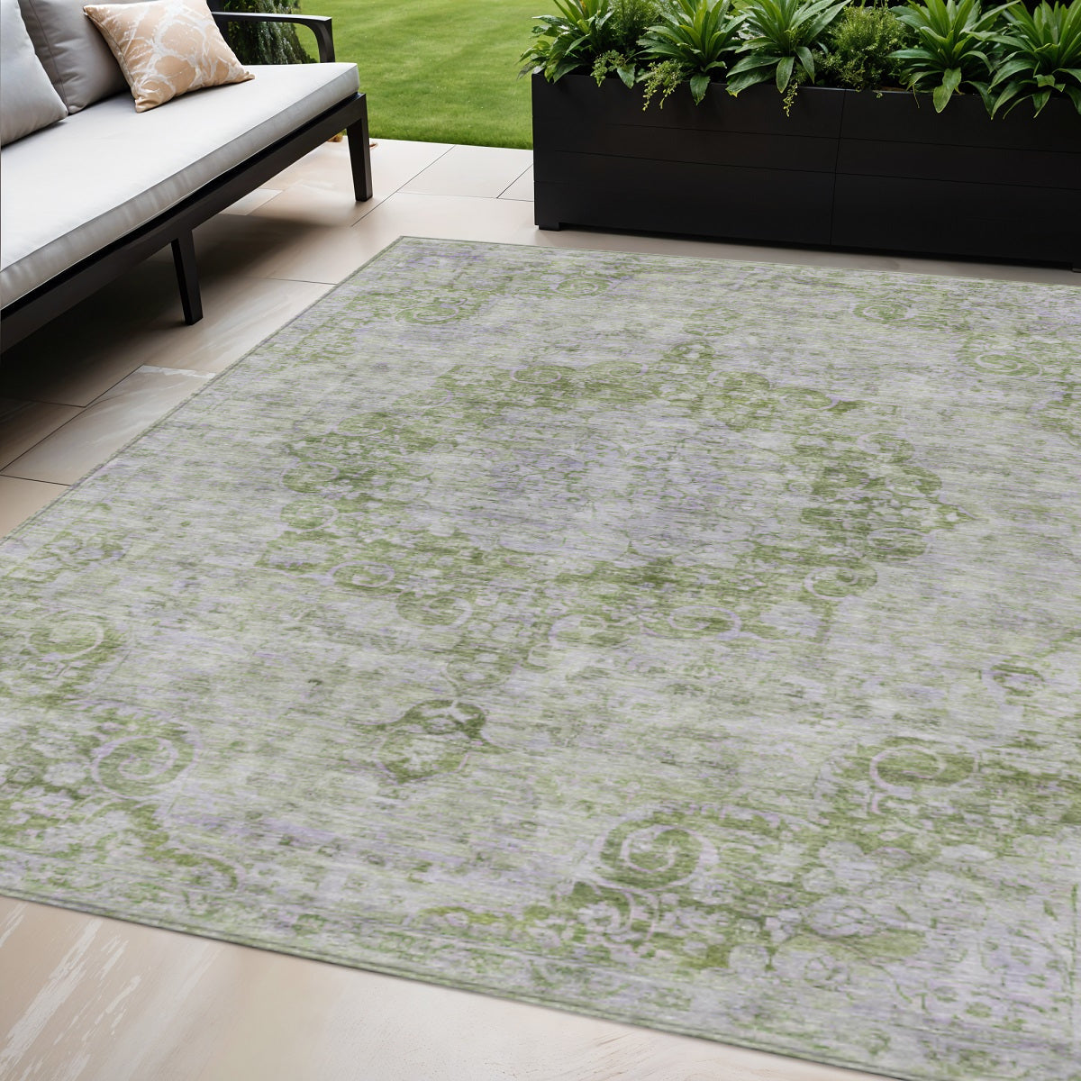5 X 8 Olive Green Floral Medallion Washable Indoor Outdoor Area Rug