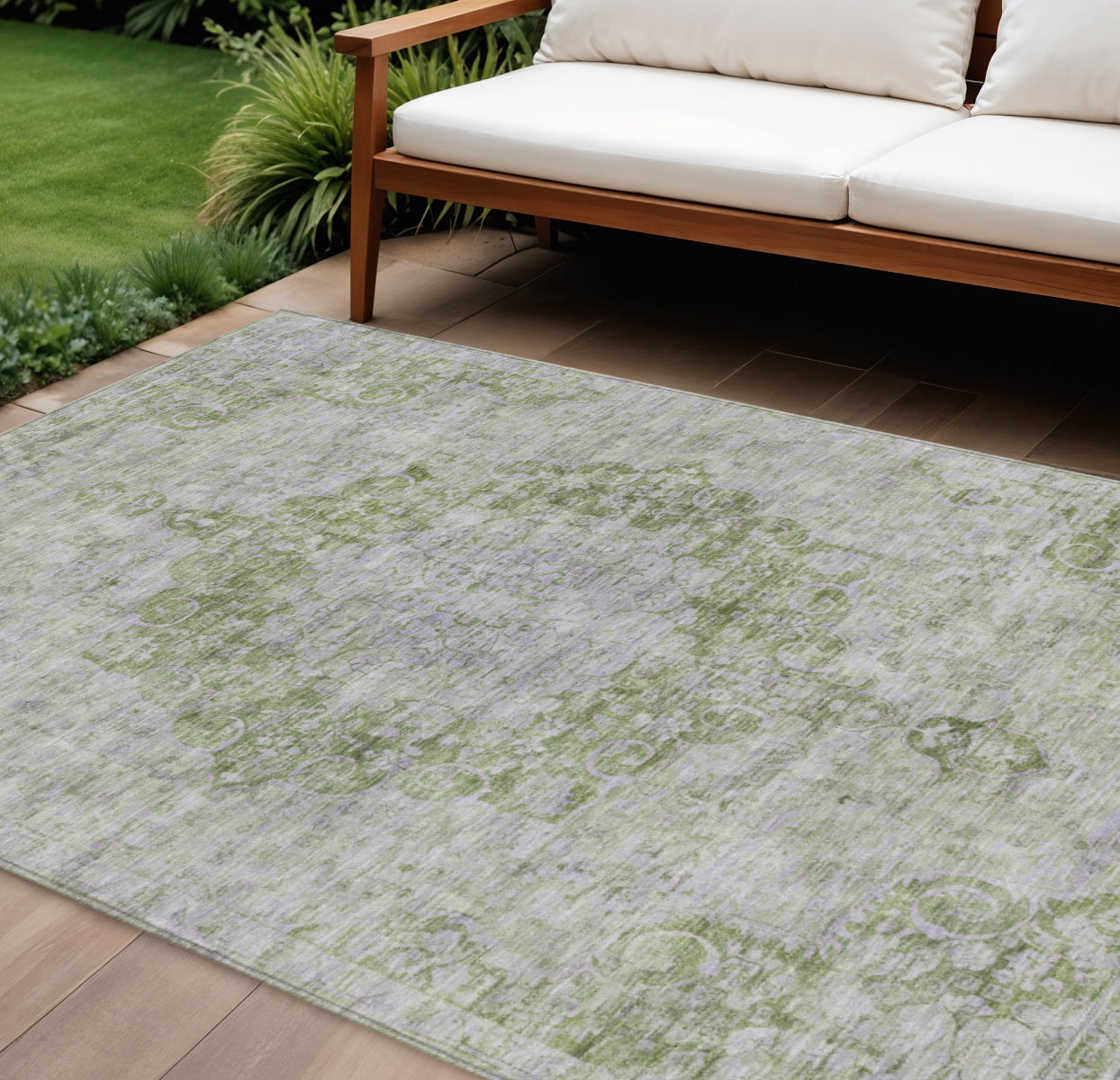 10 X 14 Olive Green Floral Medallion Washable Indoor Outdoor Area Rug
