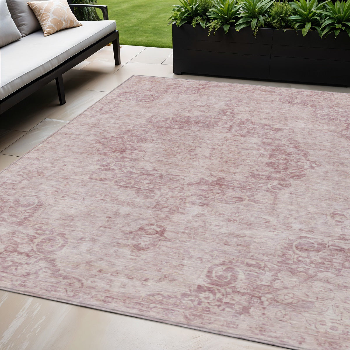 5 X 8 Pink Floral Medallion Washable Indoor Outdoor Area Rug