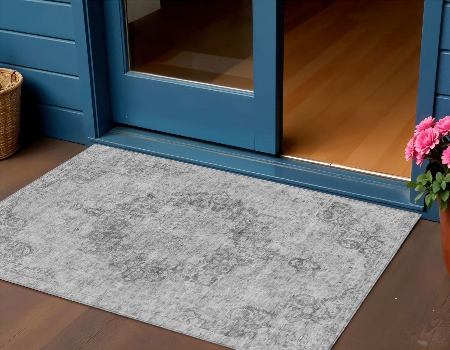 3 X 5 Silver Floral Medallion Washable Indoor Outdoor Area Rug