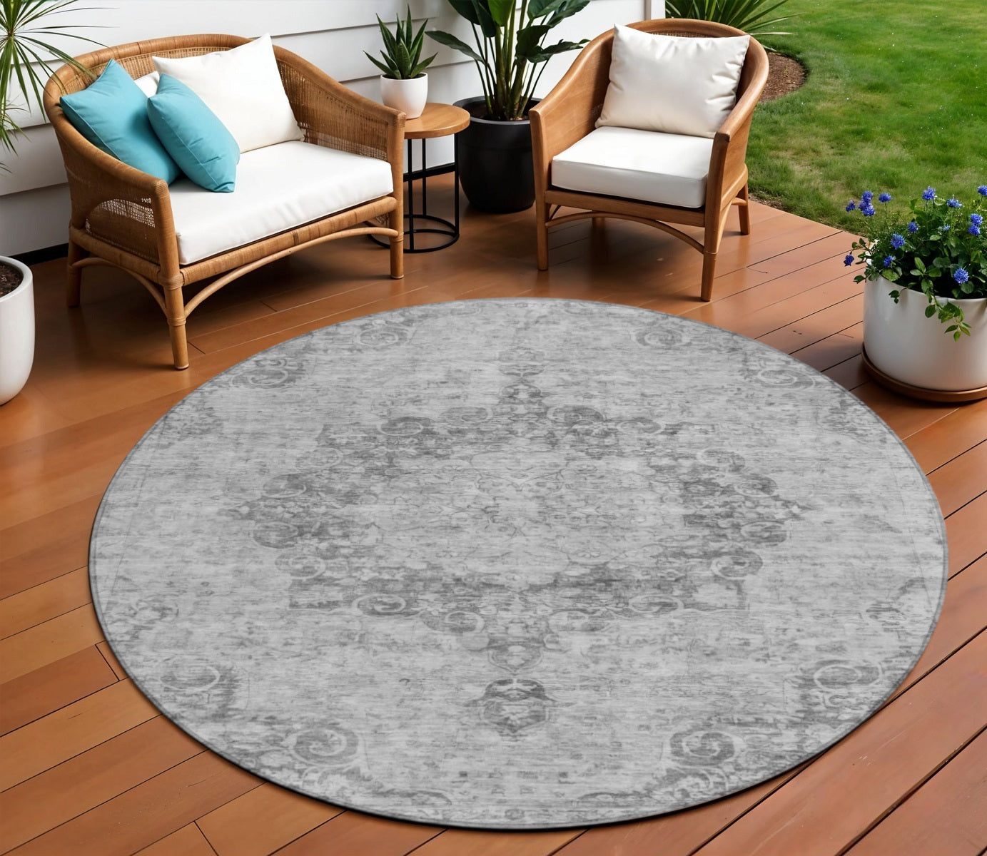 8 Silver Round Floral Medallion Washable Indoor Outdoor Area Rug