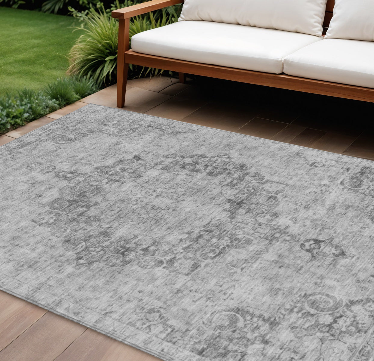 8 X 10 Silver Floral Medallion Washable Indoor Outdoor Area Rug