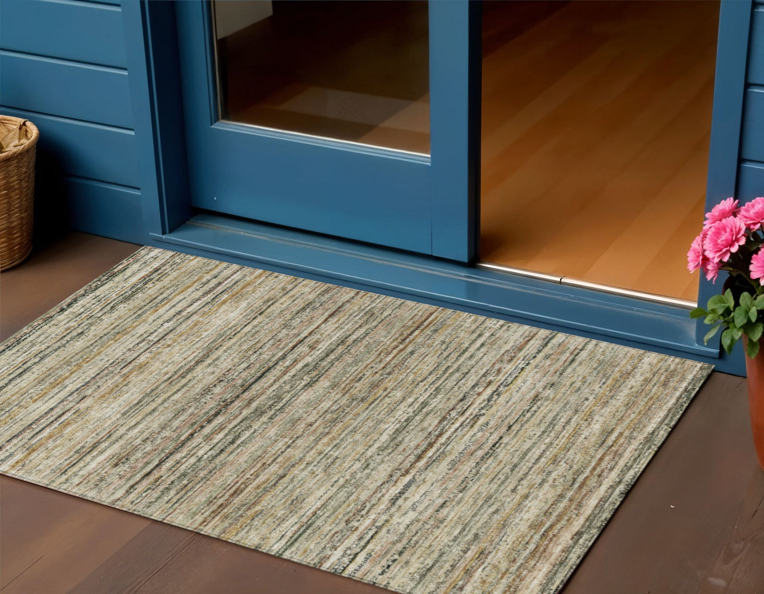 3 X 5 Beige Striped Washable Indoor Outdoor Area Rug