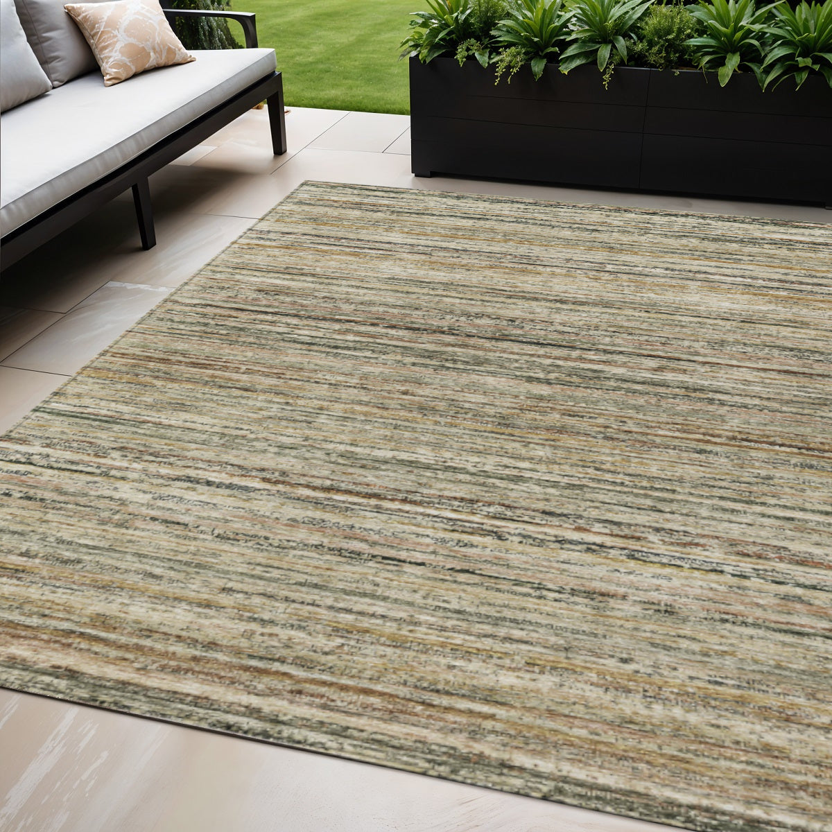 5 X 8 Beige Striped Washable Indoor Outdoor Area Rug