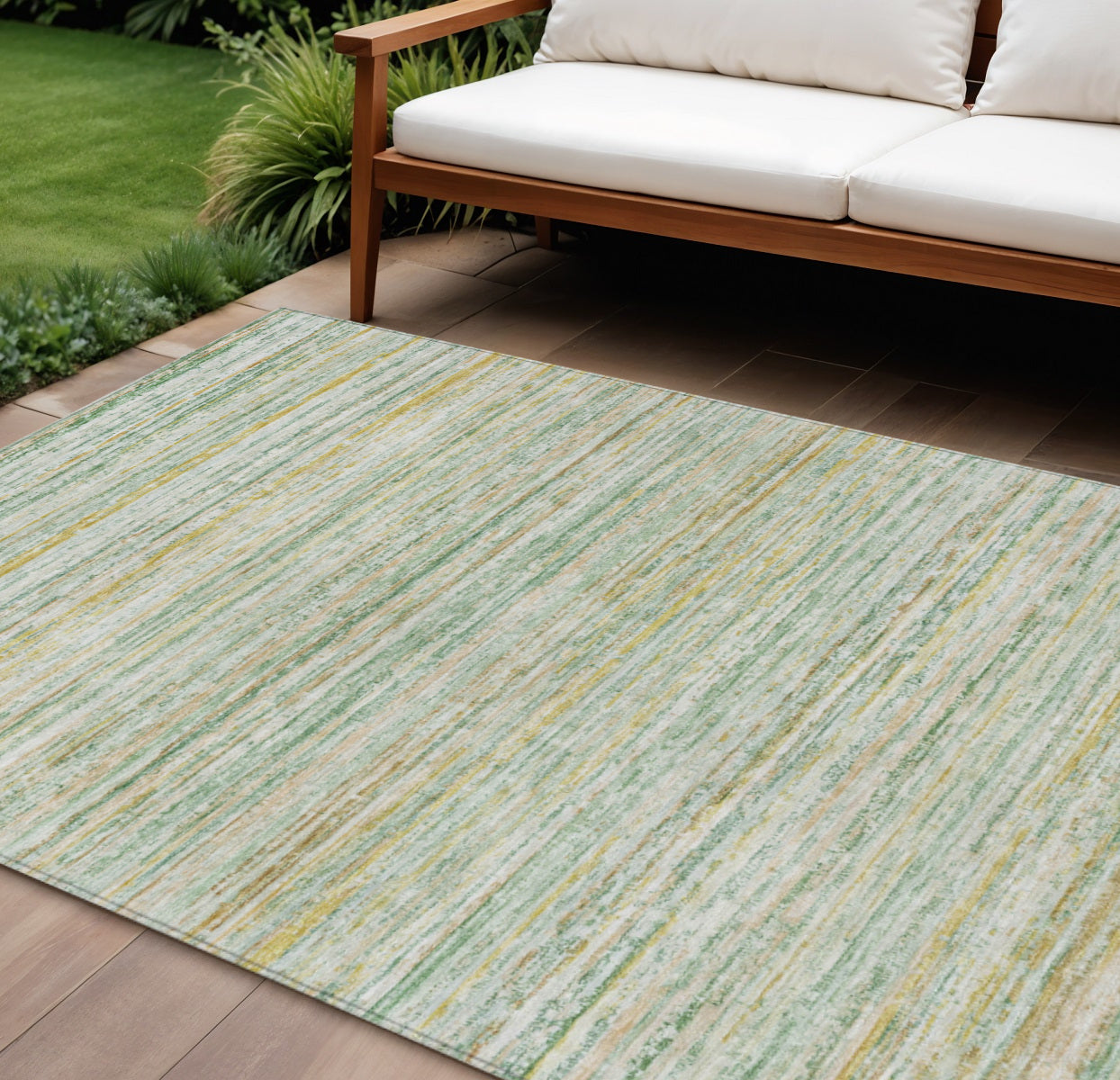 9 X 12 Mint Green Striped Washable Indoor Outdoor Area Rug