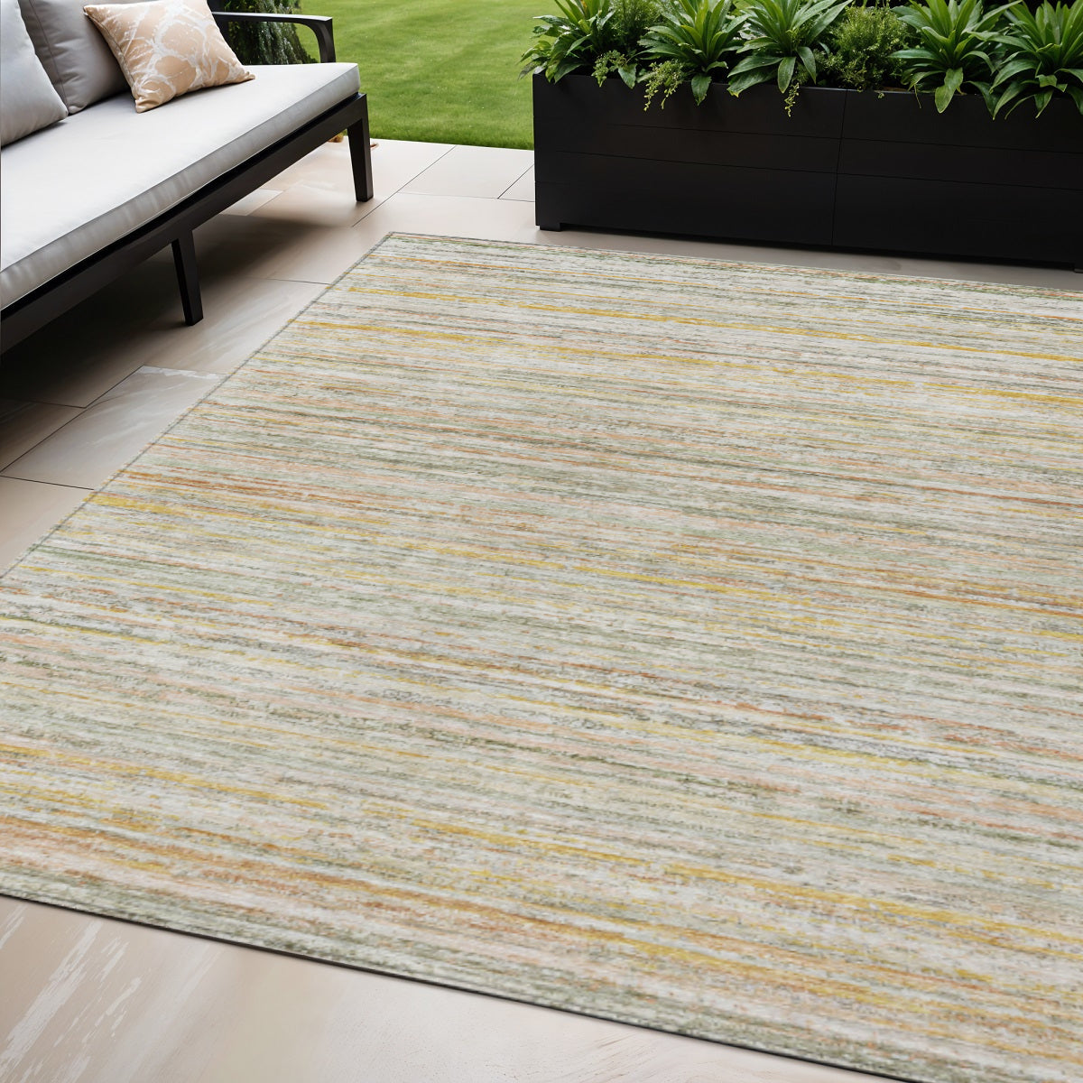 5 X 8 Sage Striped Washable Indoor Outdoor Area Rug