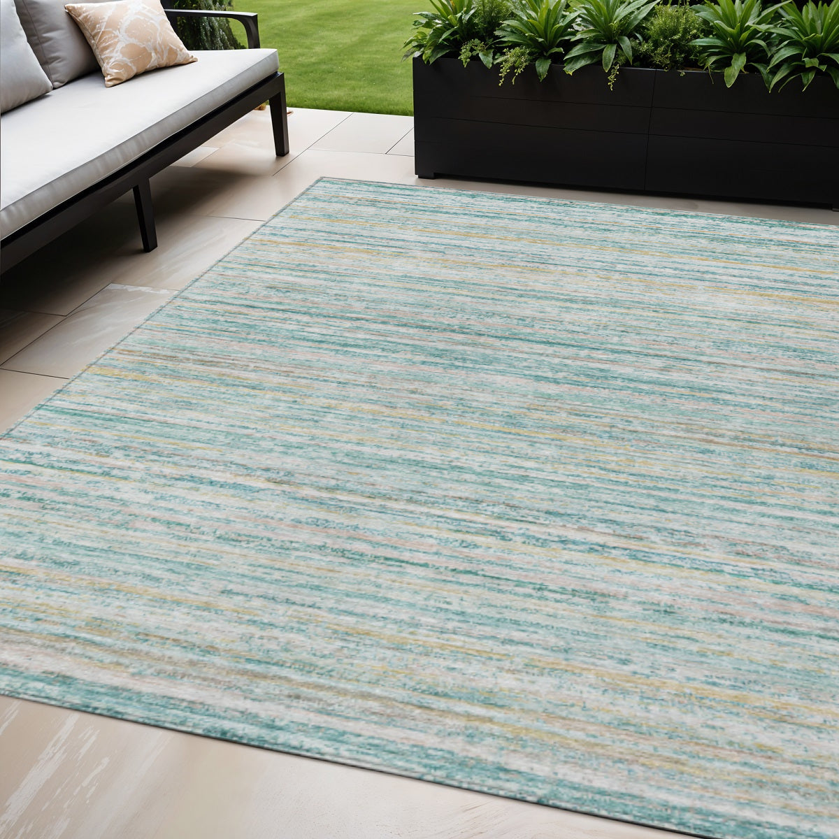 5 X 8 Teal Blue Striped Washable Indoor Outdoor Area Rug