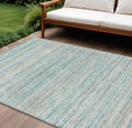 8 X 10 Teal Blue Striped Washable Indoor Outdoor Area Rug