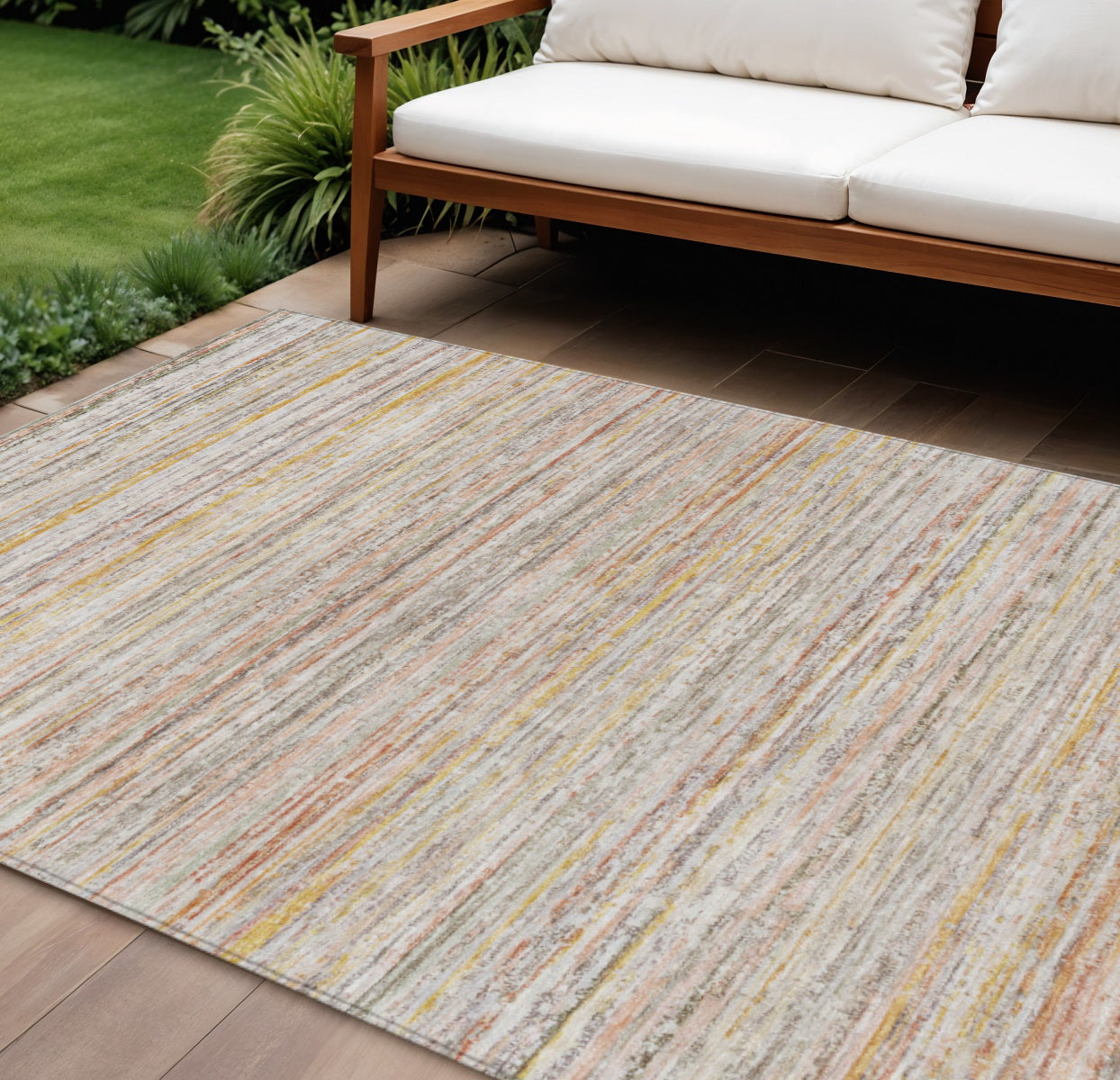 10 X 14 Terra Cotta Striped Washable Indoor Outdoor Area Rug