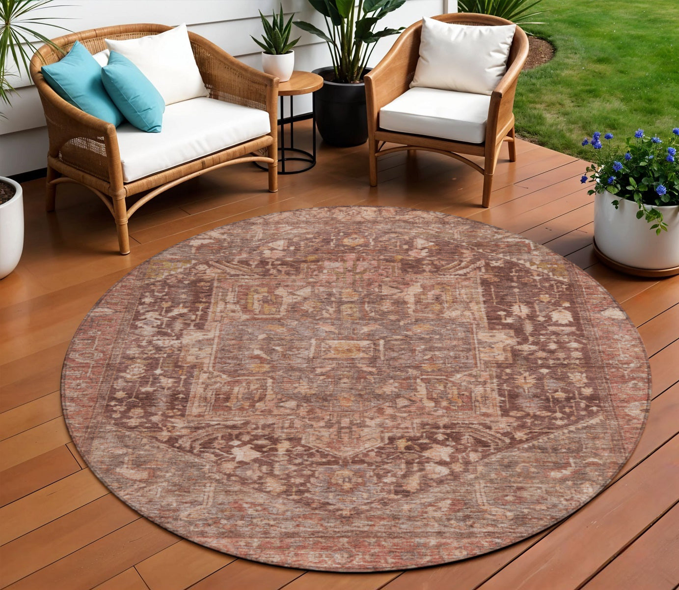 8 Burgundy Round Medallion Washable Indoor Outdoor Area Rug