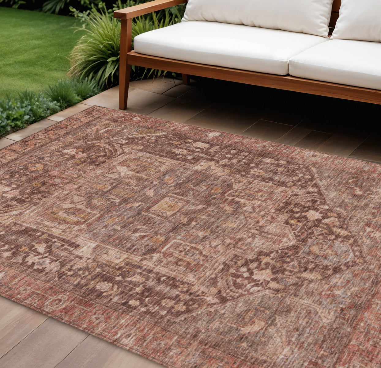 8 X 10 Burgundy Medallion Washable Indoor Outdoor Area Rug