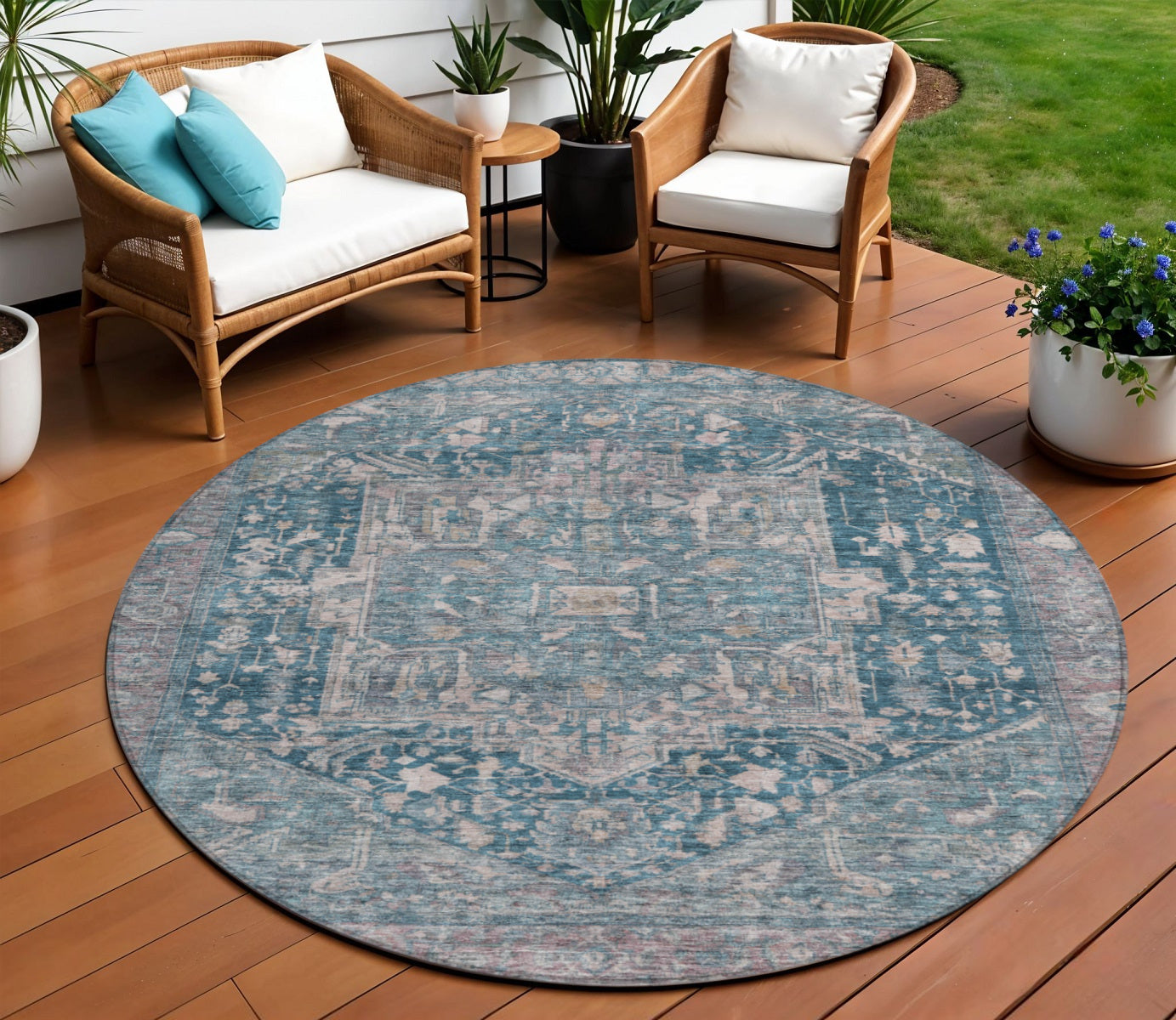 8 Blue Round Medallion Washable Indoor Outdoor Area Rug