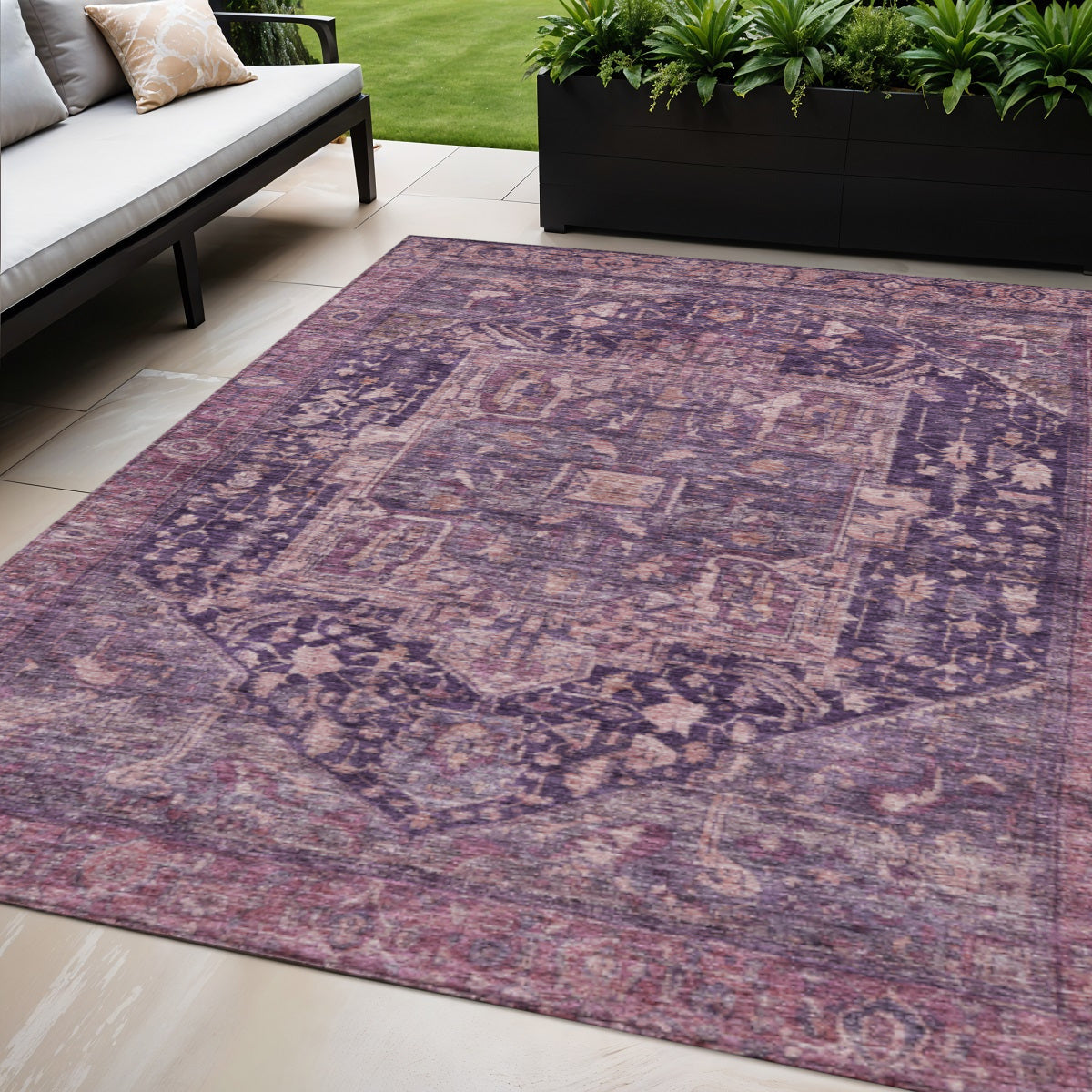 5 X 8 Eggplant Medallion Washable Indoor Outdoor Area Rug