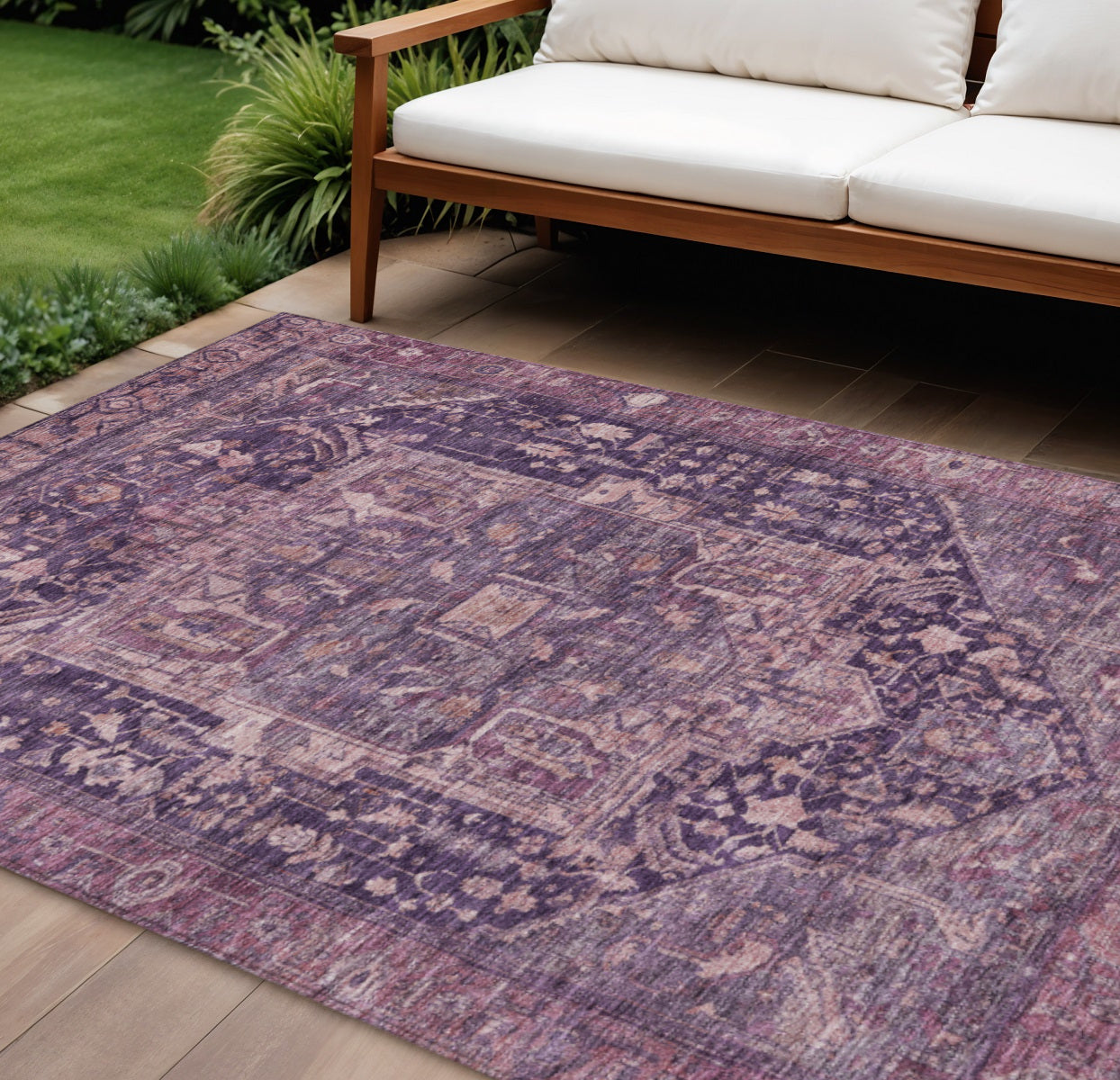 10 X 14 Eggplant Medallion Washable Indoor Outdoor Area Rug