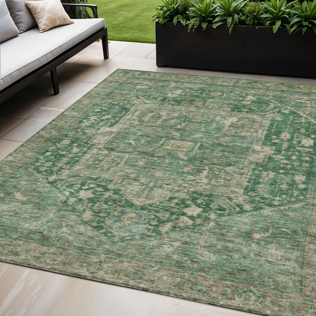 5 X 8 Emerald Medallion Washable Indoor Outdoor Area Rug