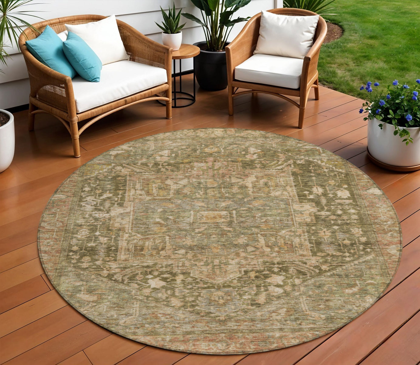 8 Fern Green Round Medallion Washable Indoor Outdoor Area Rug