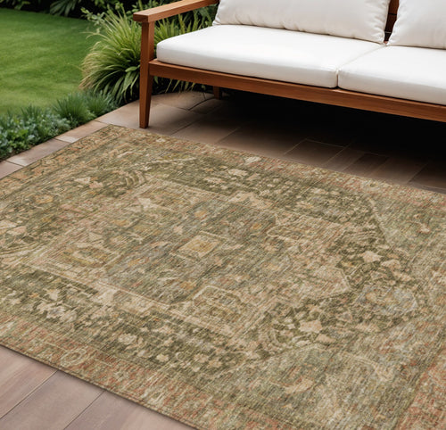 10 X 14 Fern Green Medallion Washable Indoor Outdoor Area Rug