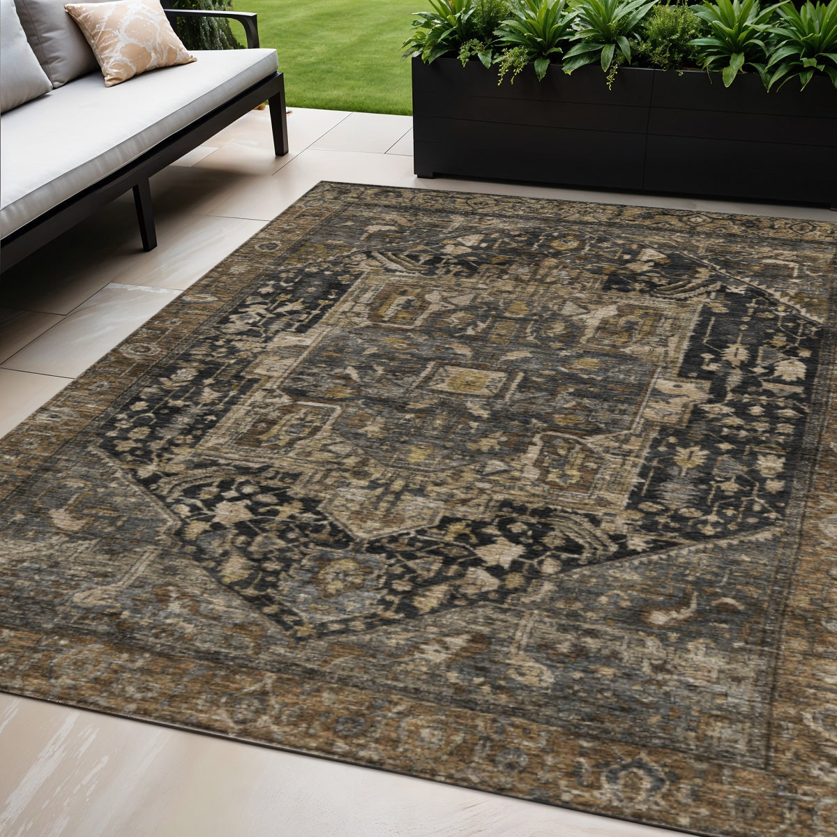 5 X 8 Brown Medallion Washable Indoor Outdoor Area Rug