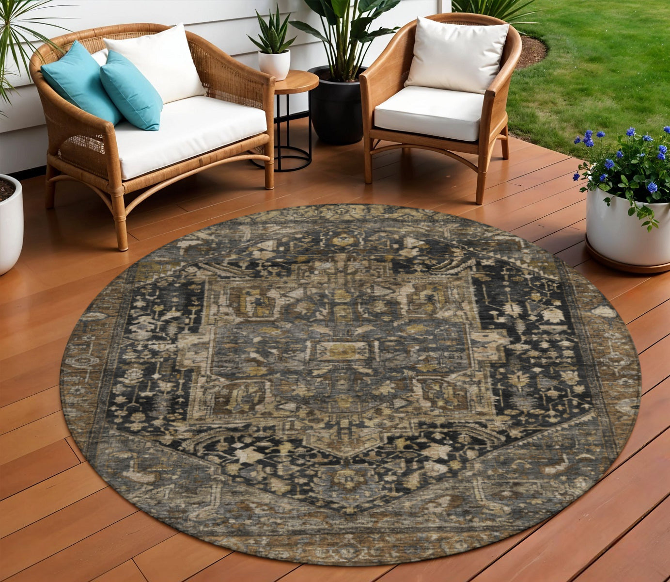 8 Brown Round Medallion Washable Indoor Outdoor Area Rug