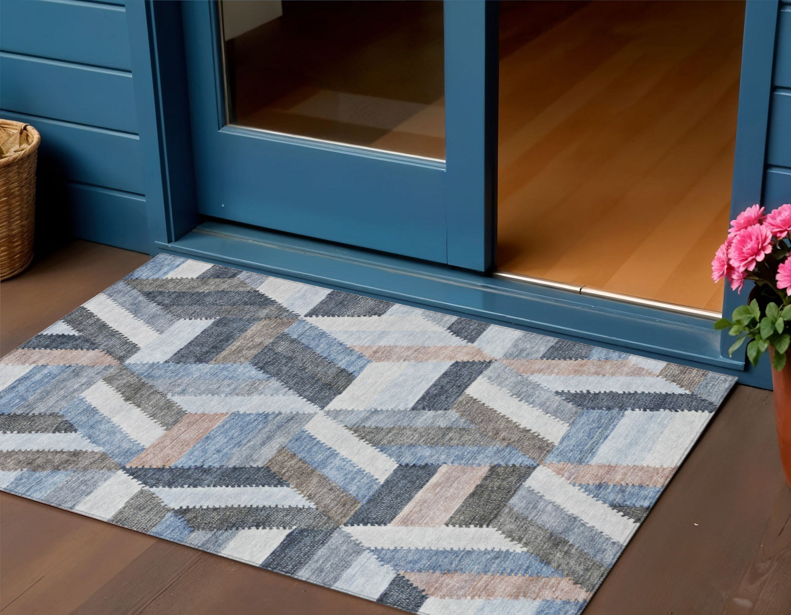 3 X 5 Blue Geometric Washable Indoor Outdoor Area Rug