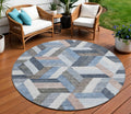8 Blue Round Geometric Washable Indoor Outdoor Area Rug