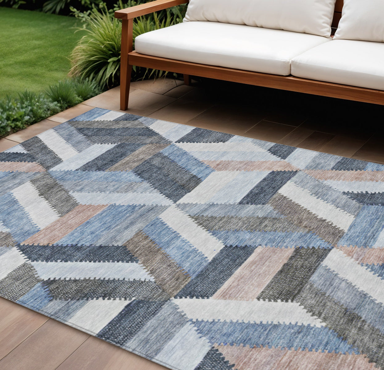 10 X 14 Blue Geometric Washable Indoor Outdoor Area Rug