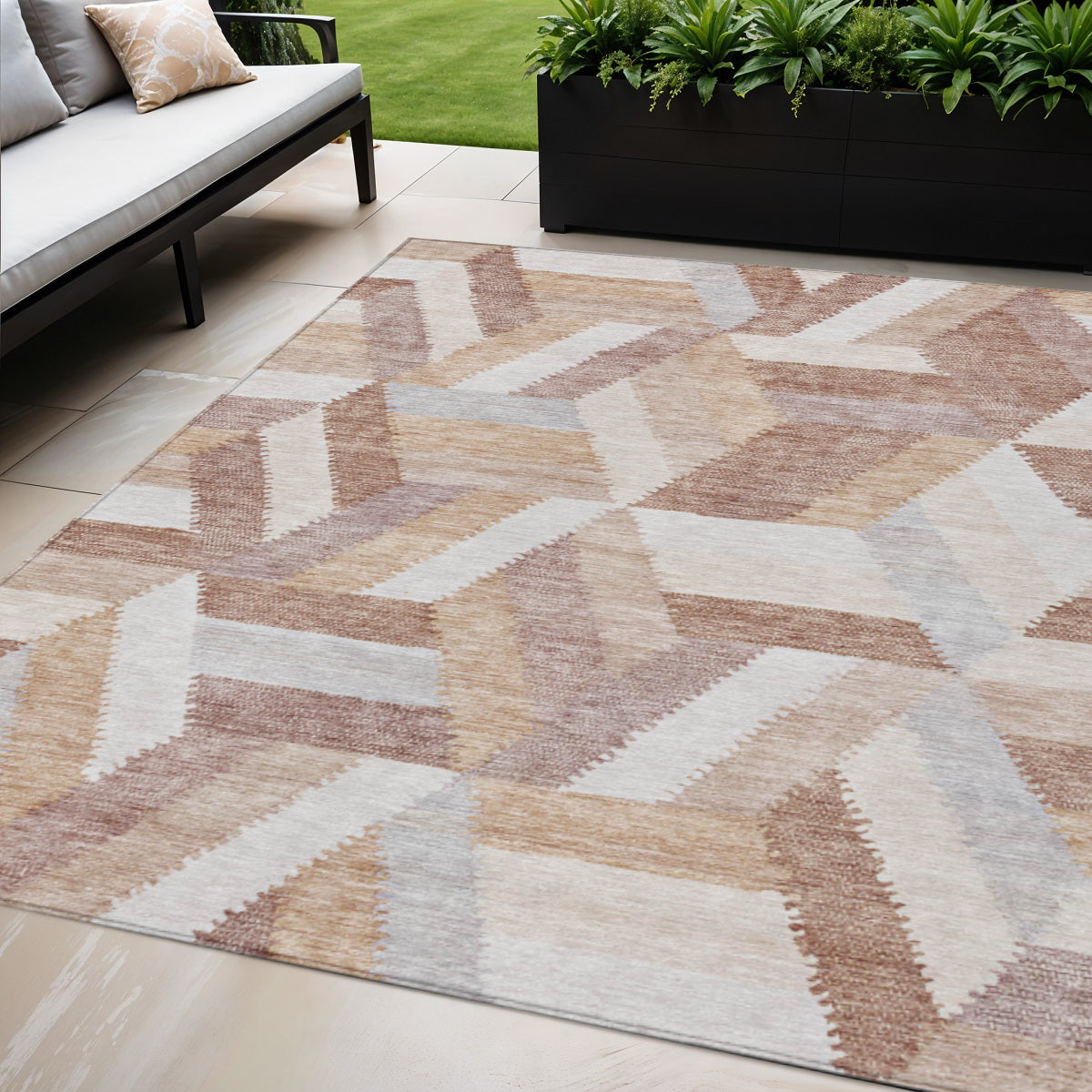 5 X 8 Copper Geometric Washable Indoor Outdoor Area Rug