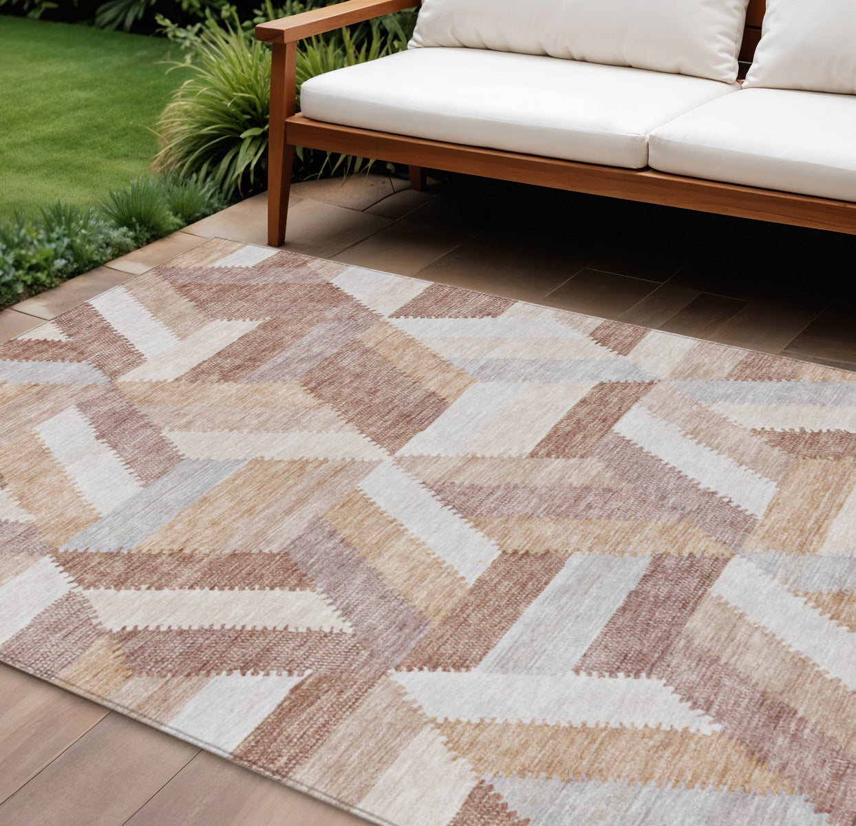 9 X 12 Copper Geometric Washable Indoor Outdoor Area Rug
