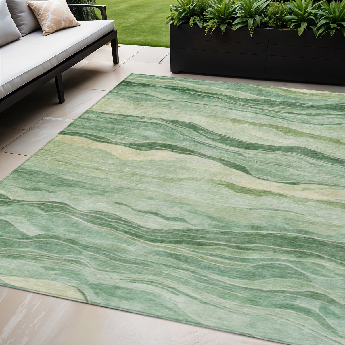5 X 8 Green Striped Washable Indoor Outdoor Area Rug
