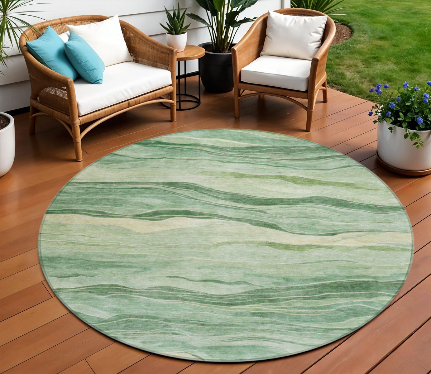 8 Green Round Striped Washable Indoor Outdoor Area Rug