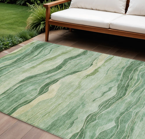 10 X 14 Green Striped Washable Indoor Outdoor Area Rug