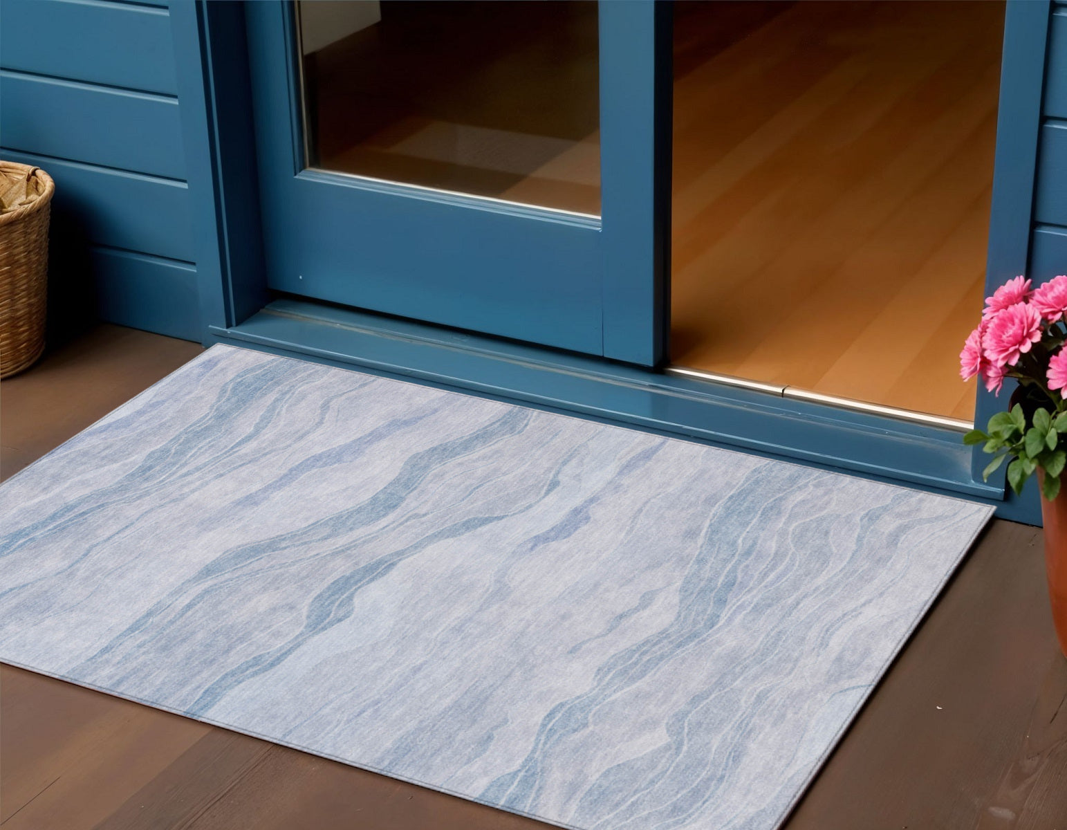 3 X 5 Sky Blue Striped Washable Indoor Outdoor Area Rug