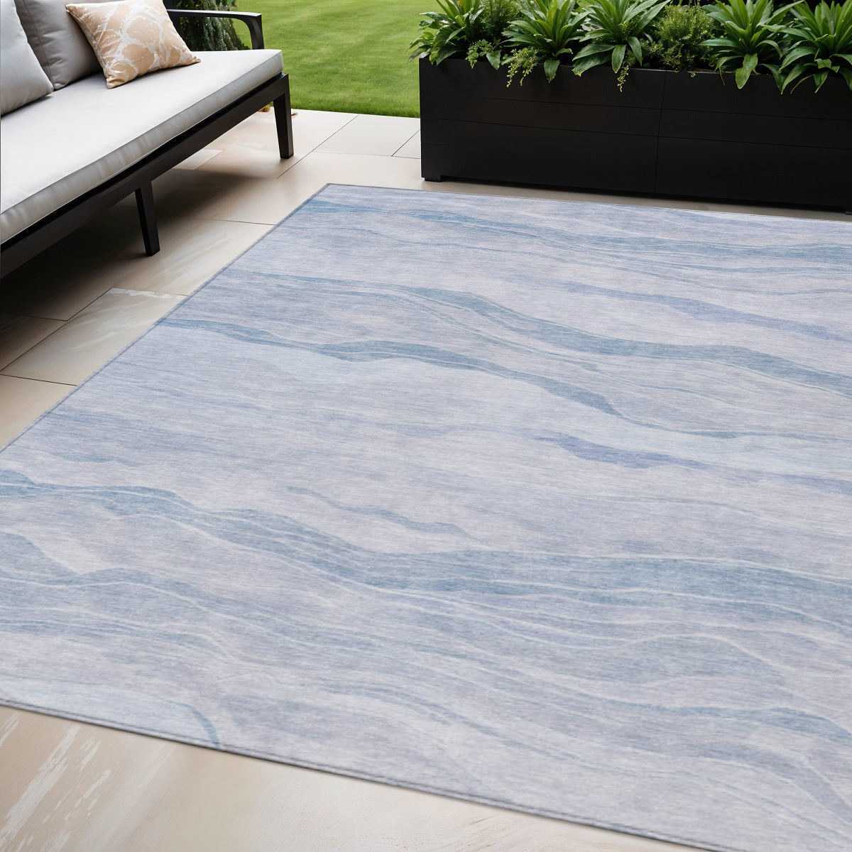 5 X 8 Sky Blue Striped Washable Indoor Outdoor Area Rug