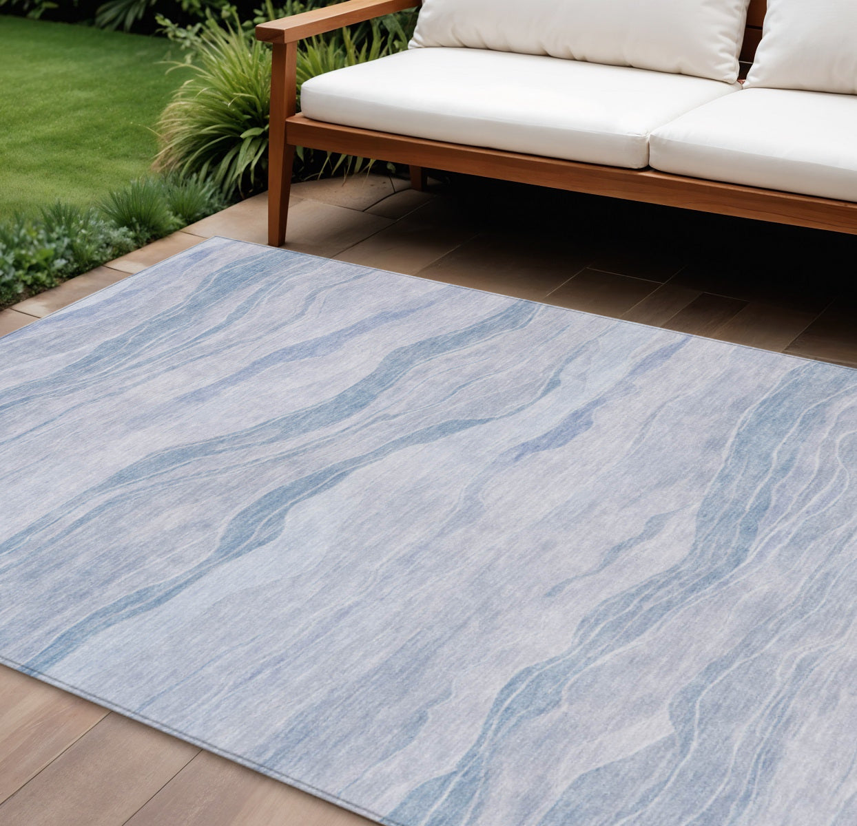 8 X 10 Sky Blue Striped Washable Indoor Outdoor Area Rug