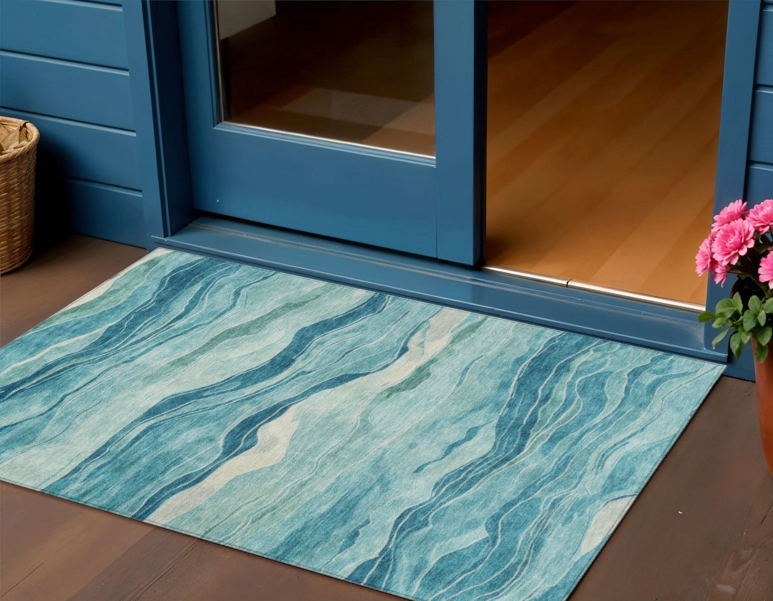 3 X 5 Turquoise Striped Washable Indoor Outdoor Area Rug