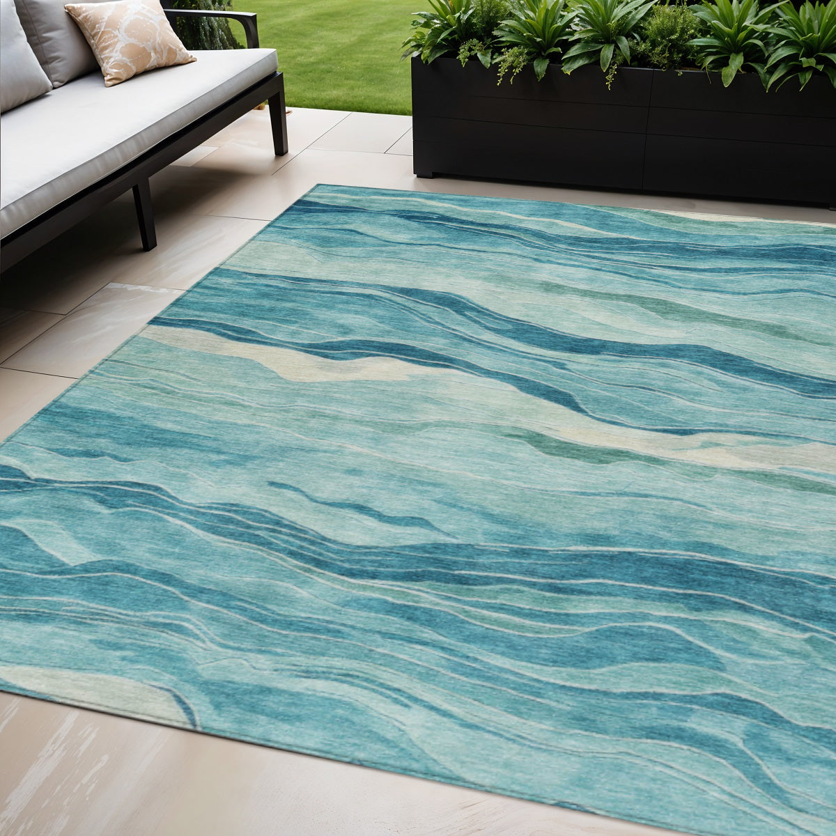 5 X 8 Turquoise Striped Washable Indoor Outdoor Area Rug