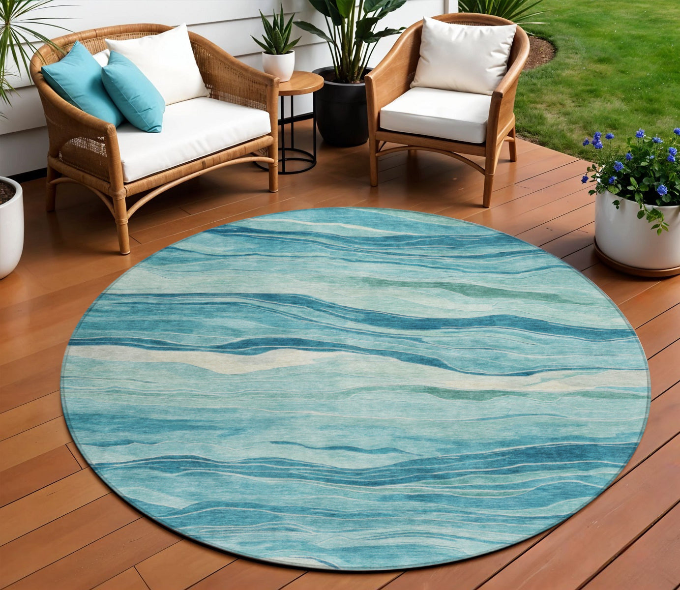 8 Turquoise Round Striped Washable Indoor Outdoor Area Rug