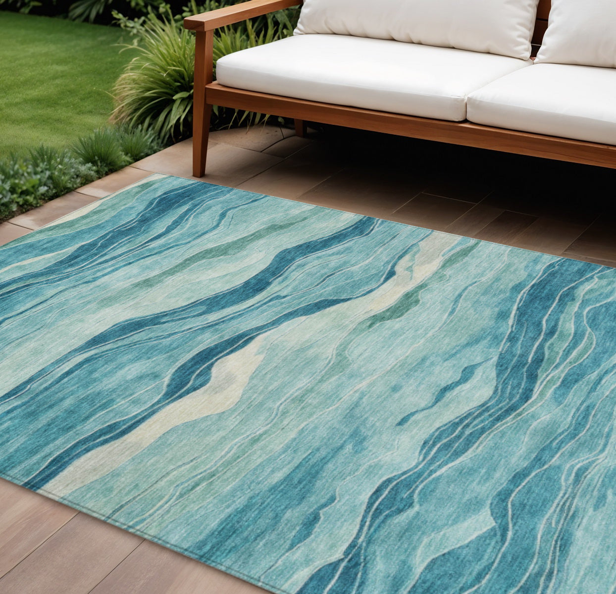 8 X 10 Turquoise Striped Washable Indoor Outdoor Area Rug