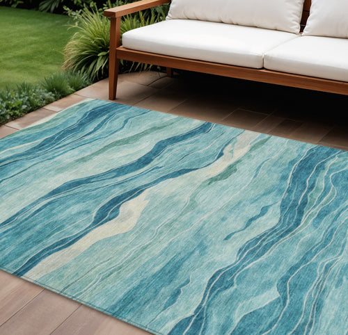 10 X 14 Turquoise Striped Washable Indoor Outdoor Area Rug