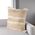 22 Tan And White Geometric Linen Throw Pillow Cover with Fringe