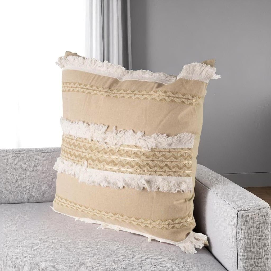 22 Tan And White Geometric Linen Throw Pillow Cover with Fringe