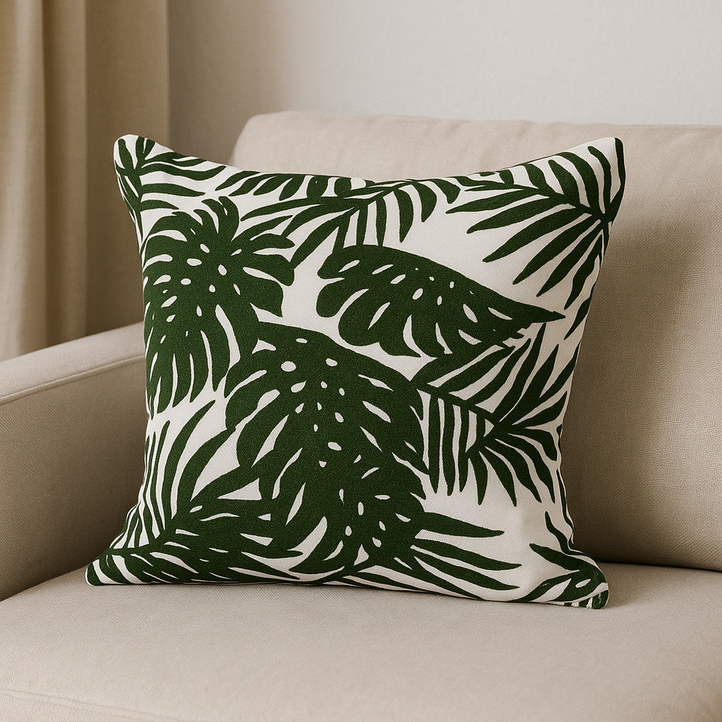 20 Green And White Tropical Botanical Linen Throw Pillow Cover with Embroidery