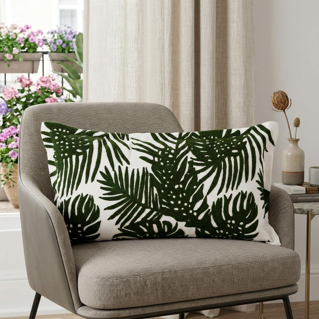 13 X 21 Green And White Tropical Botanical Linen Throw Pillow Cover with Embroidery