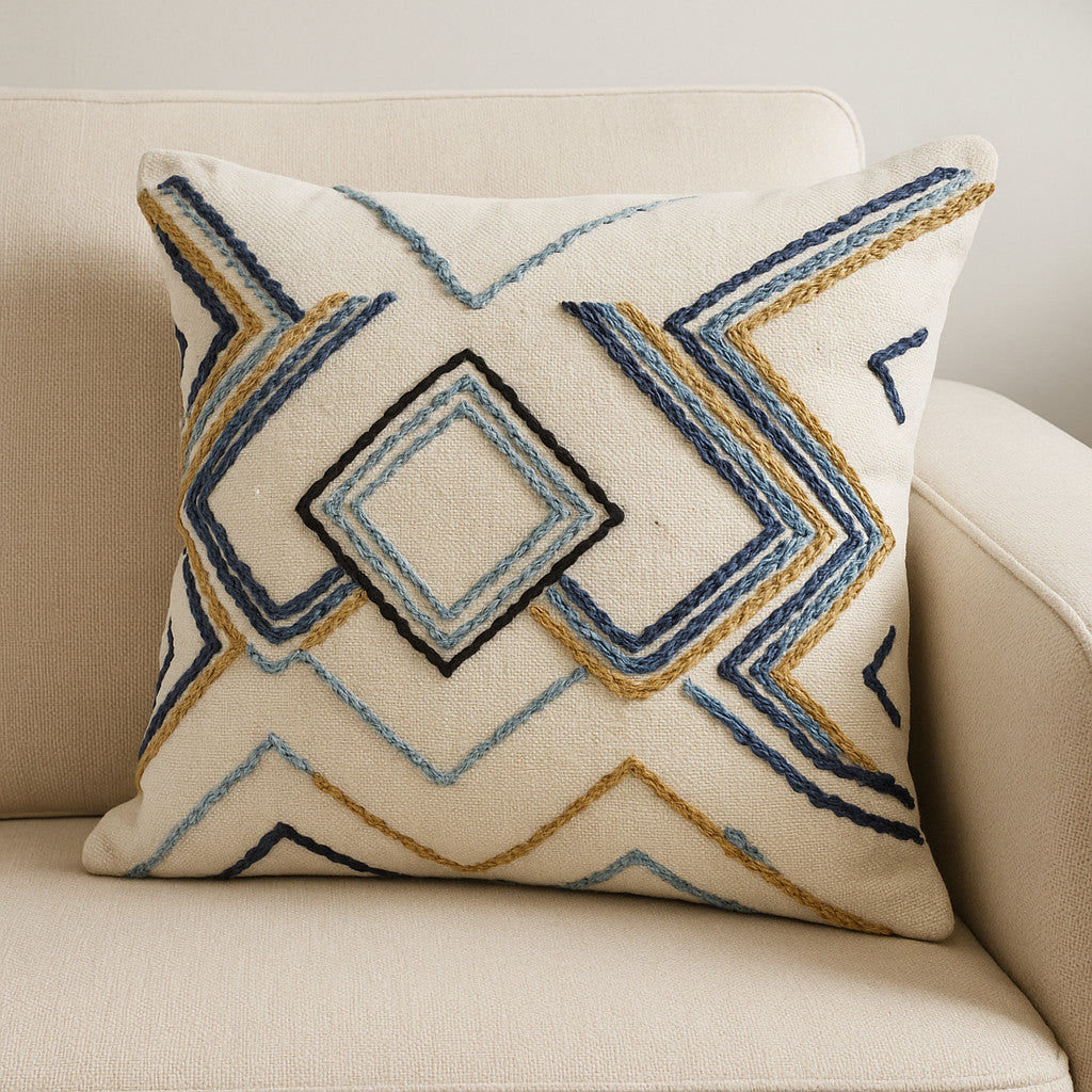 20 Blue Yellow And Black Geometric Wool Blend Throw Pillow Cover with Texture