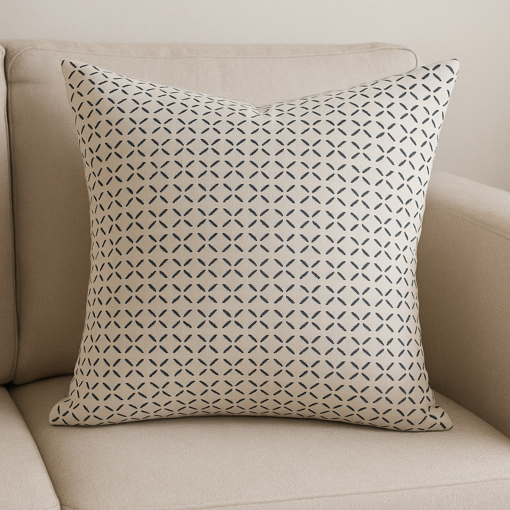 22 Cream And Black Geometric Linen Throw Pillow Cover with Embroidery