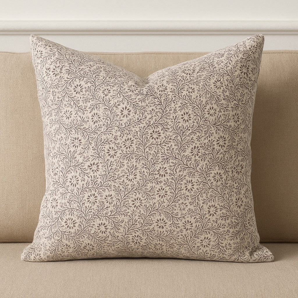 22 Beige And Merlot Botanical Linen Throw Pillow Cover with Embroidery
