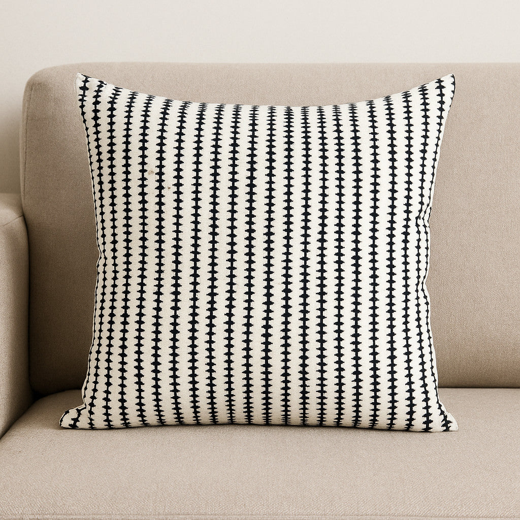 22 Cream And Black Striped Linen Throw Pillow Cover with Embroidery