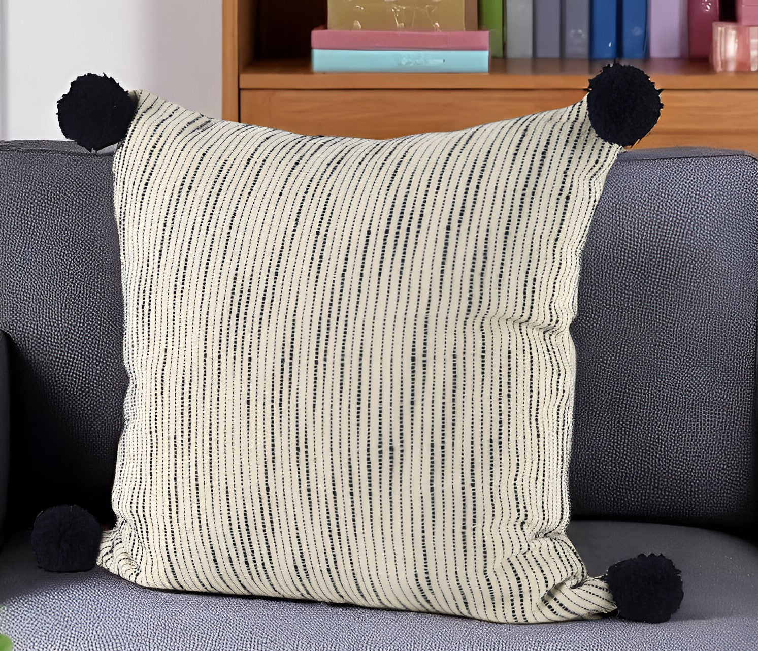 18 Cream And Black Abstract Wool Blend Throw Pillow Cover with Pompoms